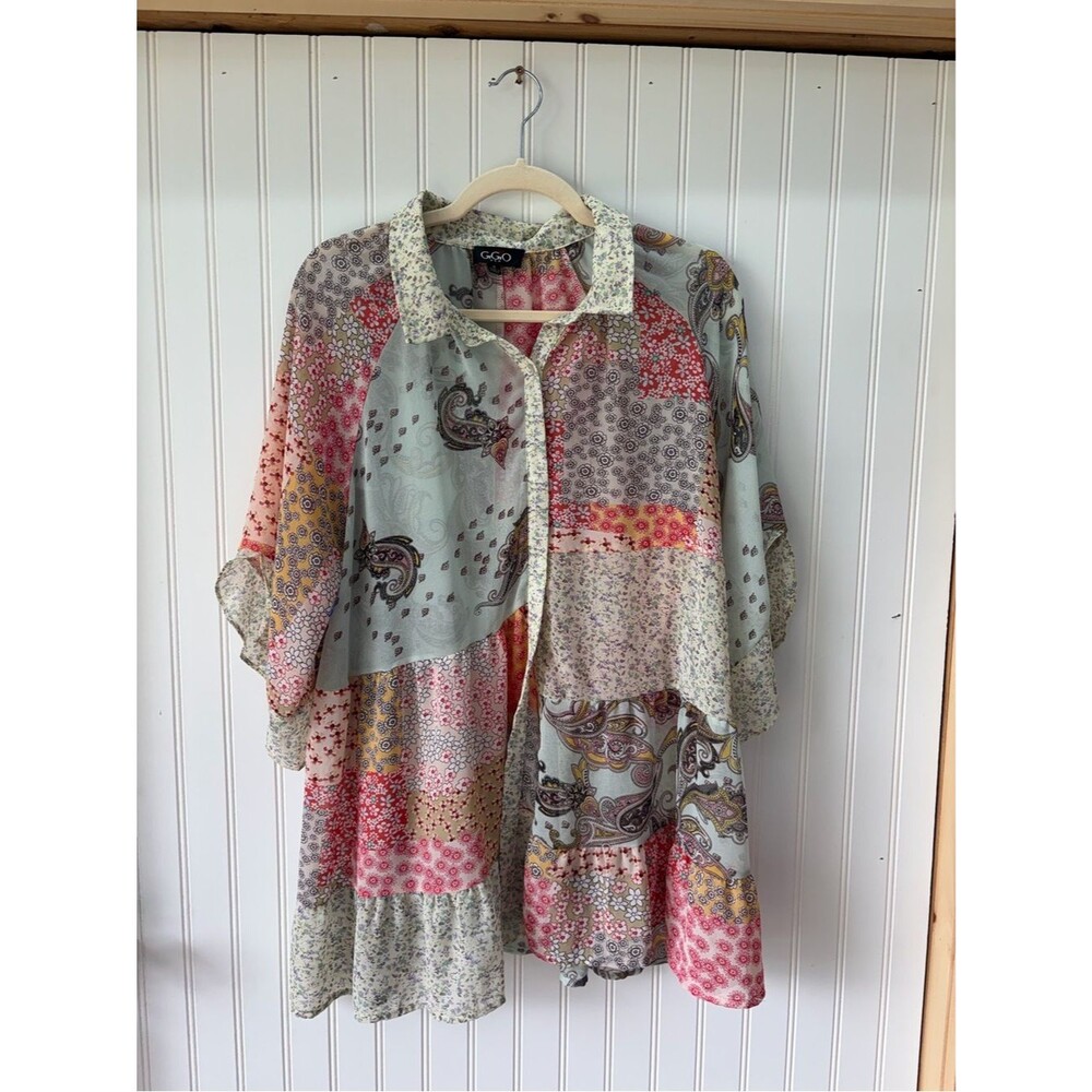 GiGO USA Patchwork boho Paisley chiffon sheer Button-Front Tunic top Mint & Pink